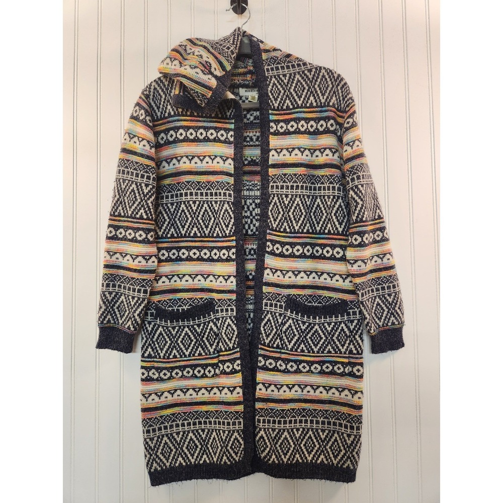 Monteau LA Women‎ Hooded Open Long Cardigan Small Fair Isle Geometric Multicolor